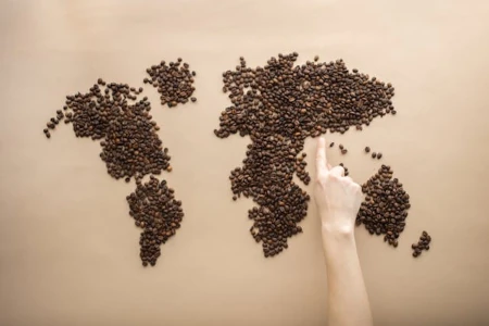 World map connecting coffee destinations and café culture