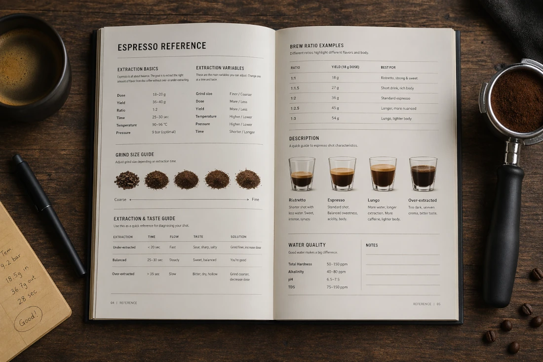 An open coffee reference notebook beside an espresso portafilter